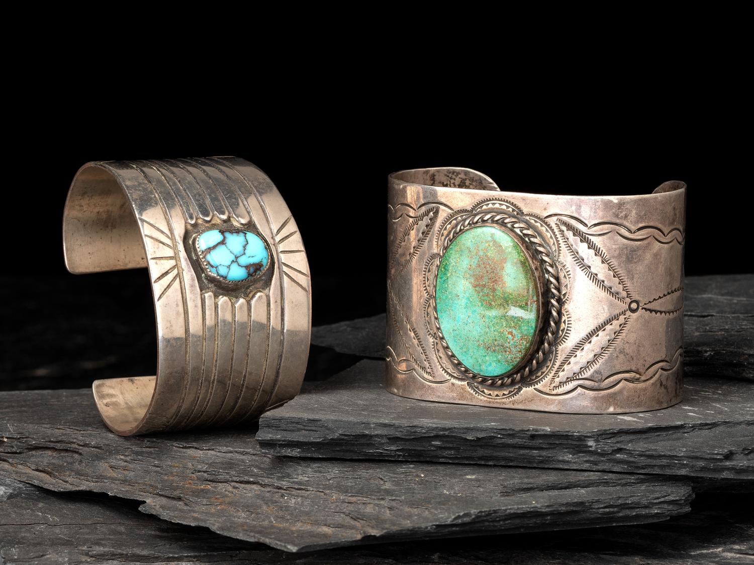 Navajo Wide Silver and Turquoise Cuff Bracelets