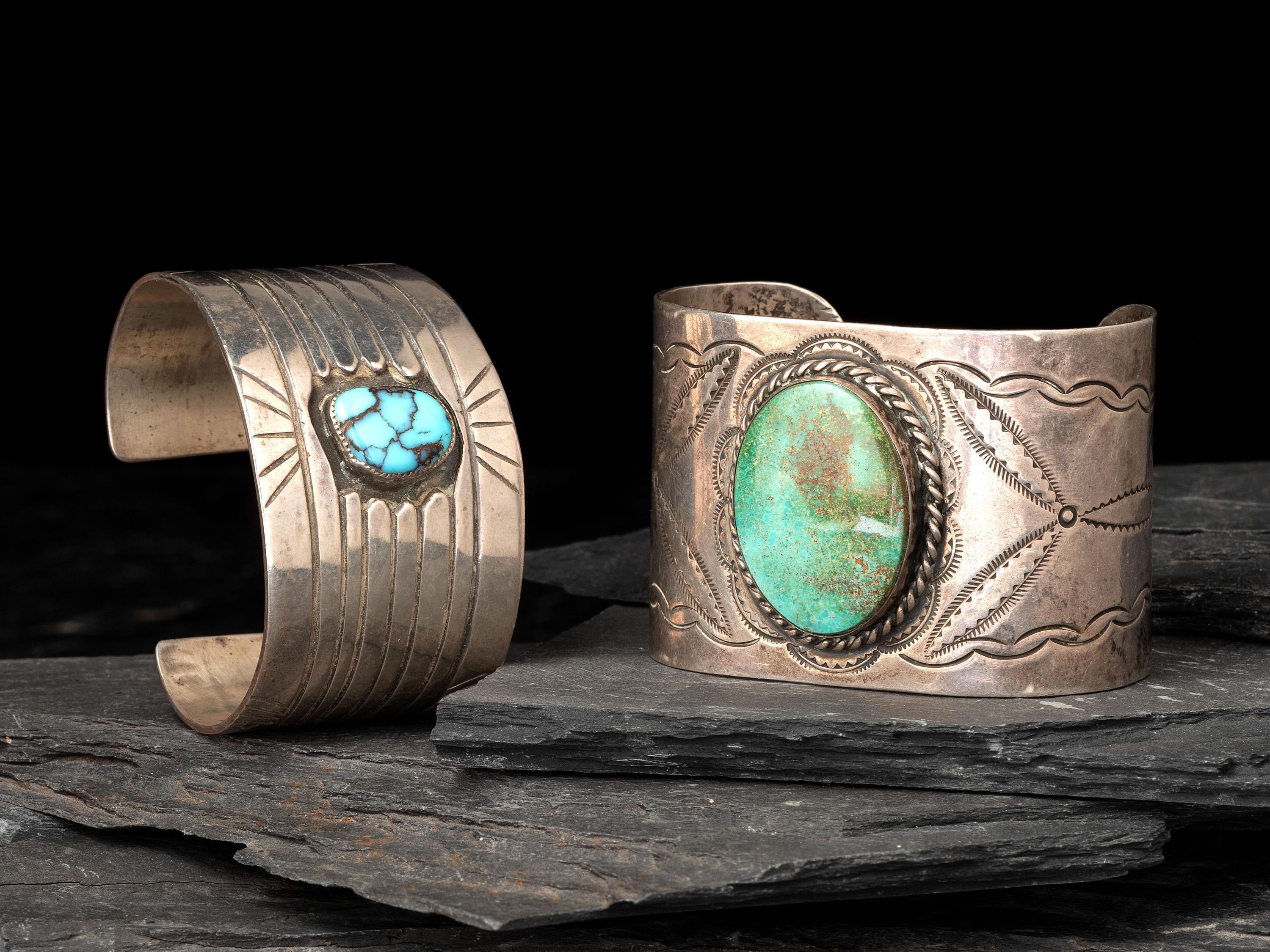 Navajo Wide Silver and Turquoise Cuff Bracelets