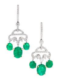 A Pair of 18 Karat Gold, Emerald and Diamond Chandelier Earrings, Seaman Schepps, 6.50 dwts.