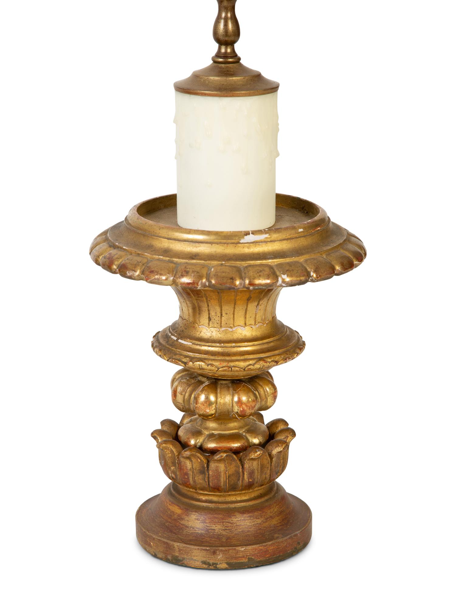 A Pair of Continental Giltwood and Gesso Turned Finials Mounted as Lamps — 19TH CENTURY