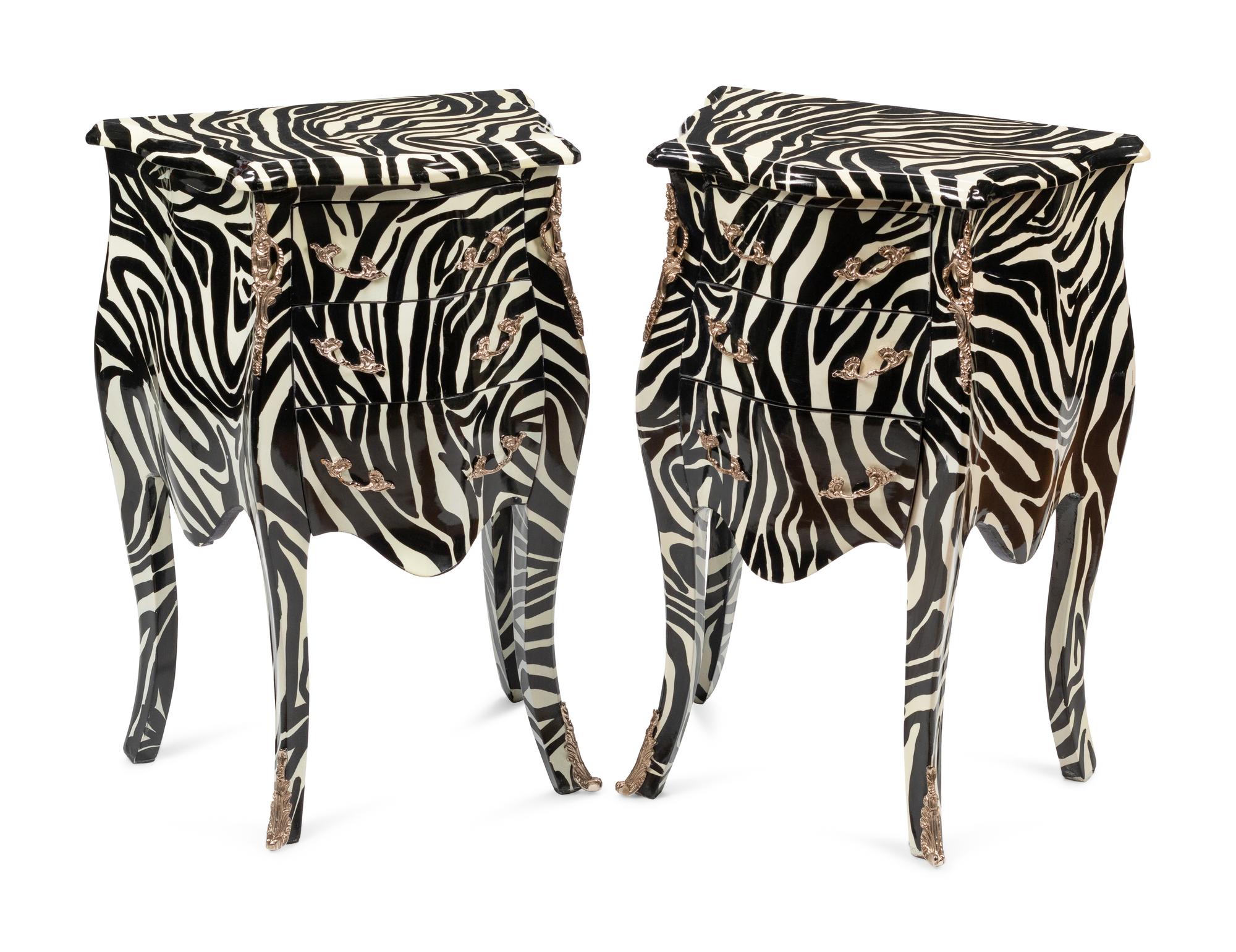 A Pair of Louis XV Style Zebra-Pattern Bedside Commodes