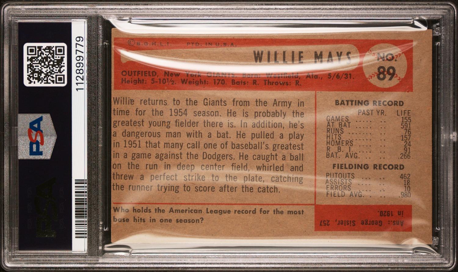 A 1954 Bowman Willie Mays Baseball Card No. 89 (PSA 5 EX MC)