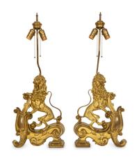 A Pair of English Bronze Andirons Converted to Table Lamps