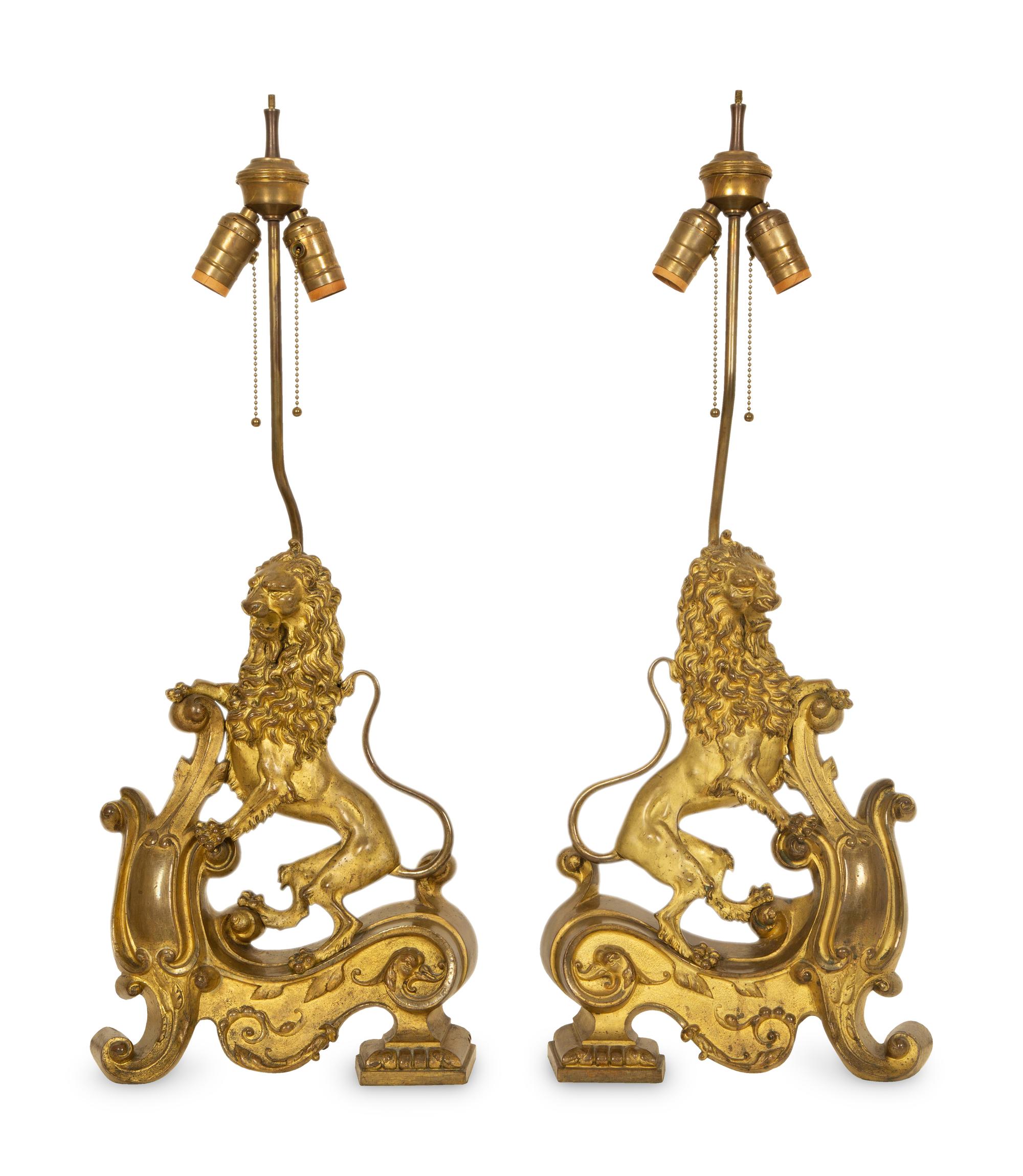 A Pair of English Bronze Andirons Converted to Table Lamps