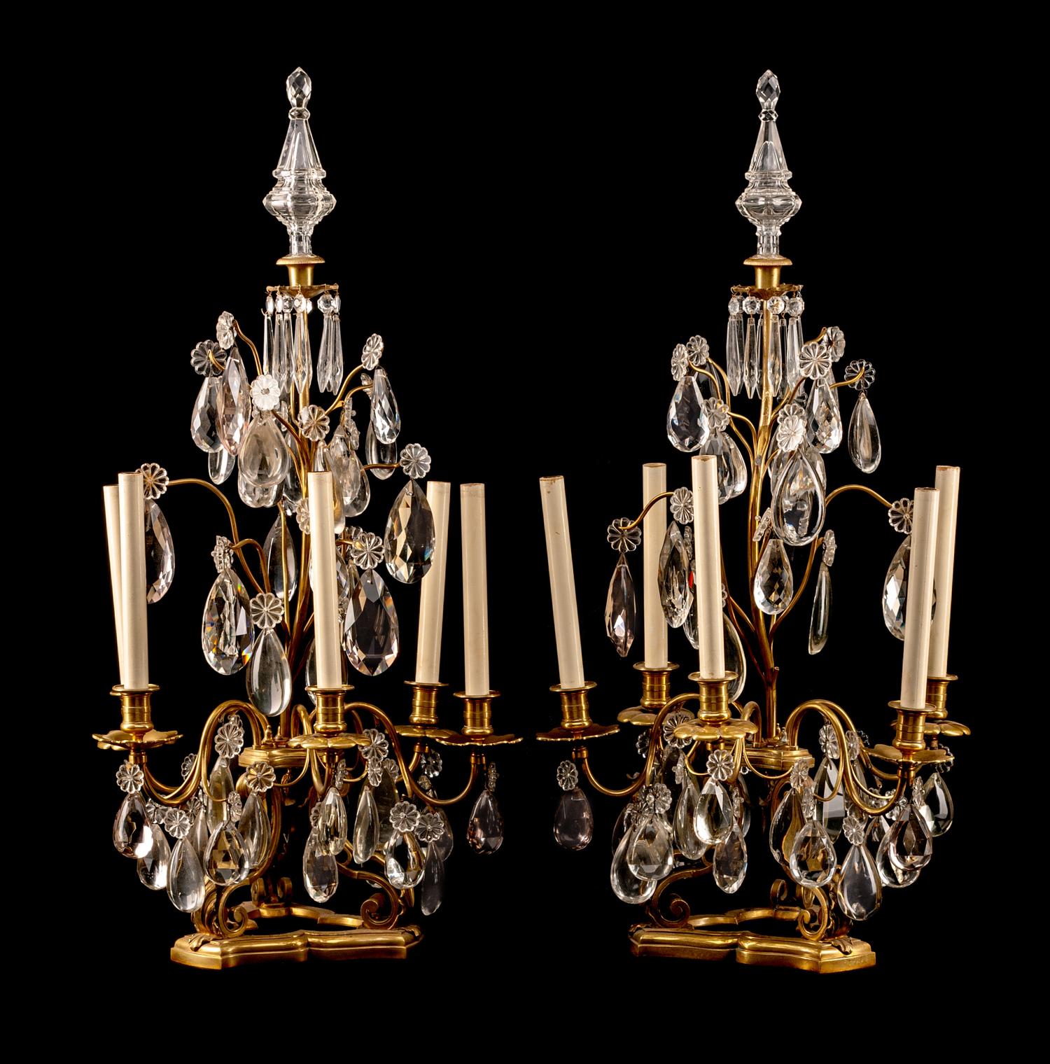 A Pair of Louis XV Style Gilt Bronze and Cut Glass Five-Light Girandoles