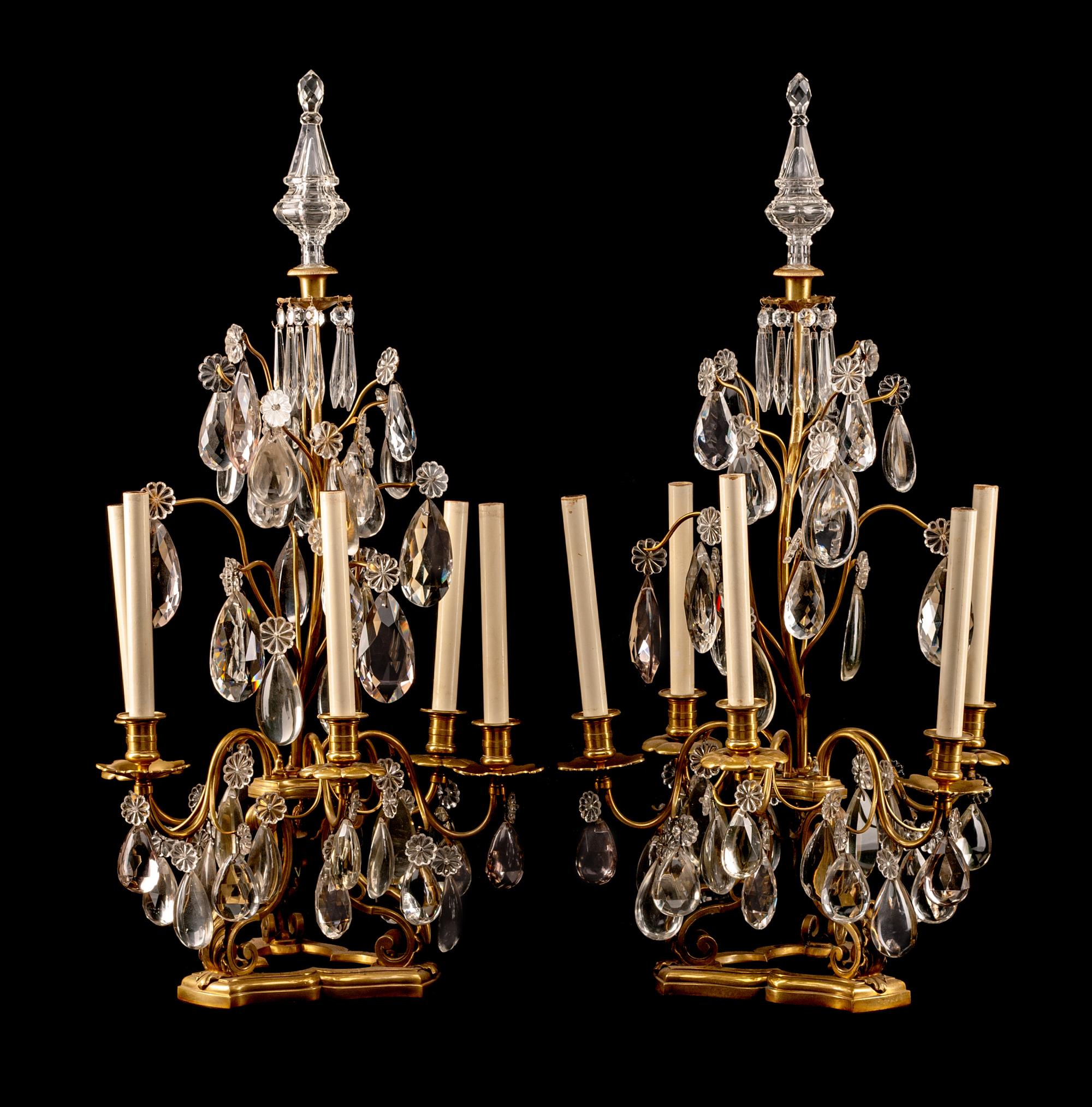 A Pair of Louis XV Style Gilt Bronze and Cut Glass Five-Light Girandoles