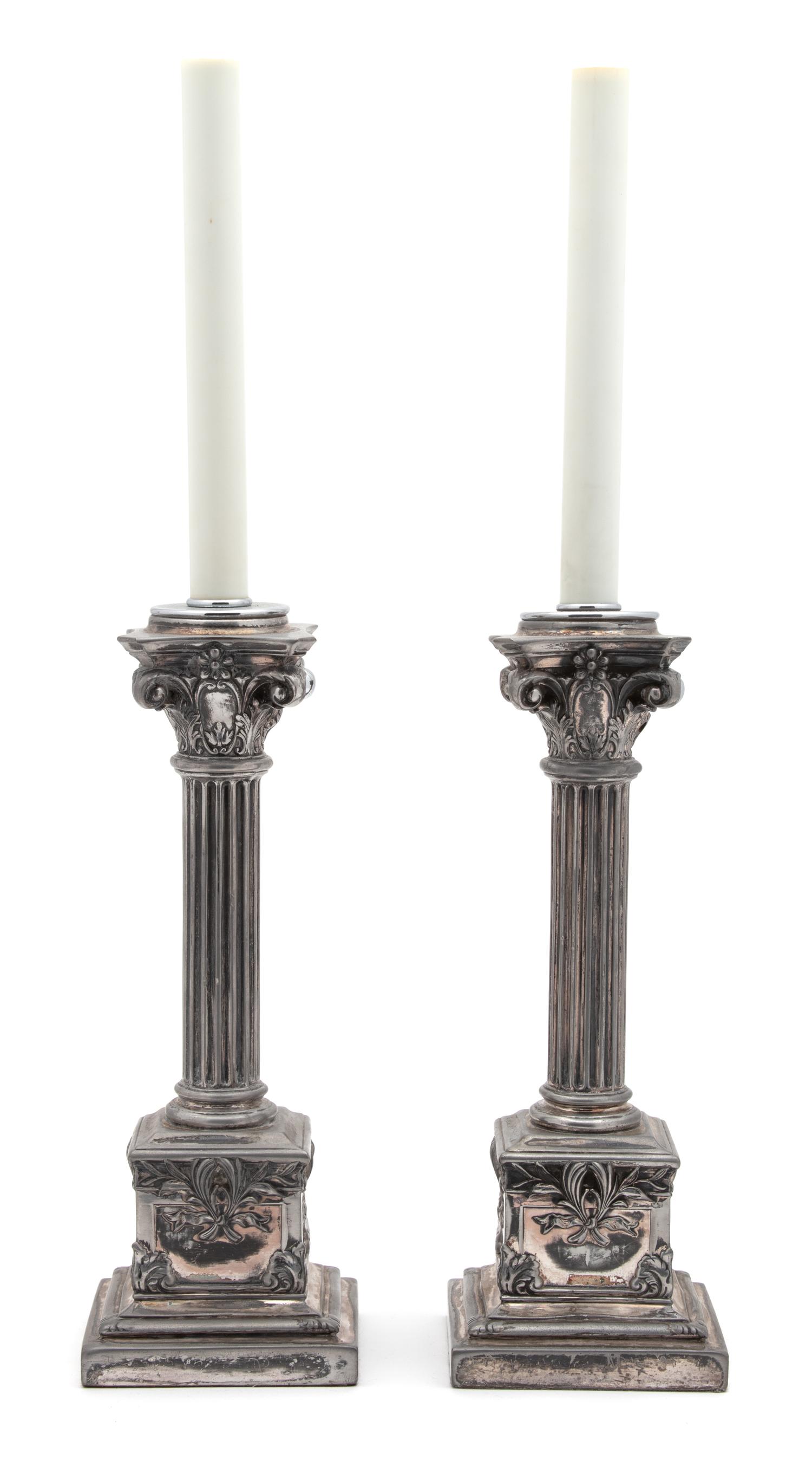 A Pair of English Silverplate Corinthian Column-Form Candlesticks — 20TH CENTURY