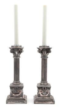 A Pair of English Silverplate Corinthian Column-Form Candlesticks — 20TH CENTURY