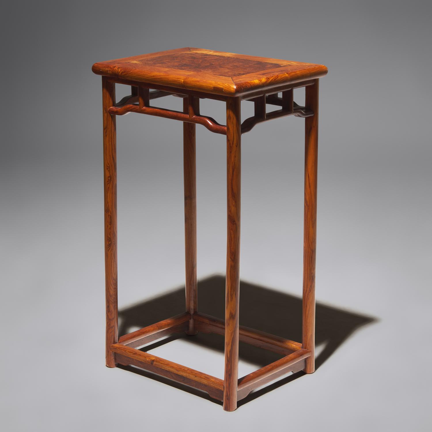 A Chinese Hardwood, Probably Huanghuali, and Burlwood Incense Stand, Xiangji , 20th Century 二十世紀 或黃花梨嵌癭木香几
