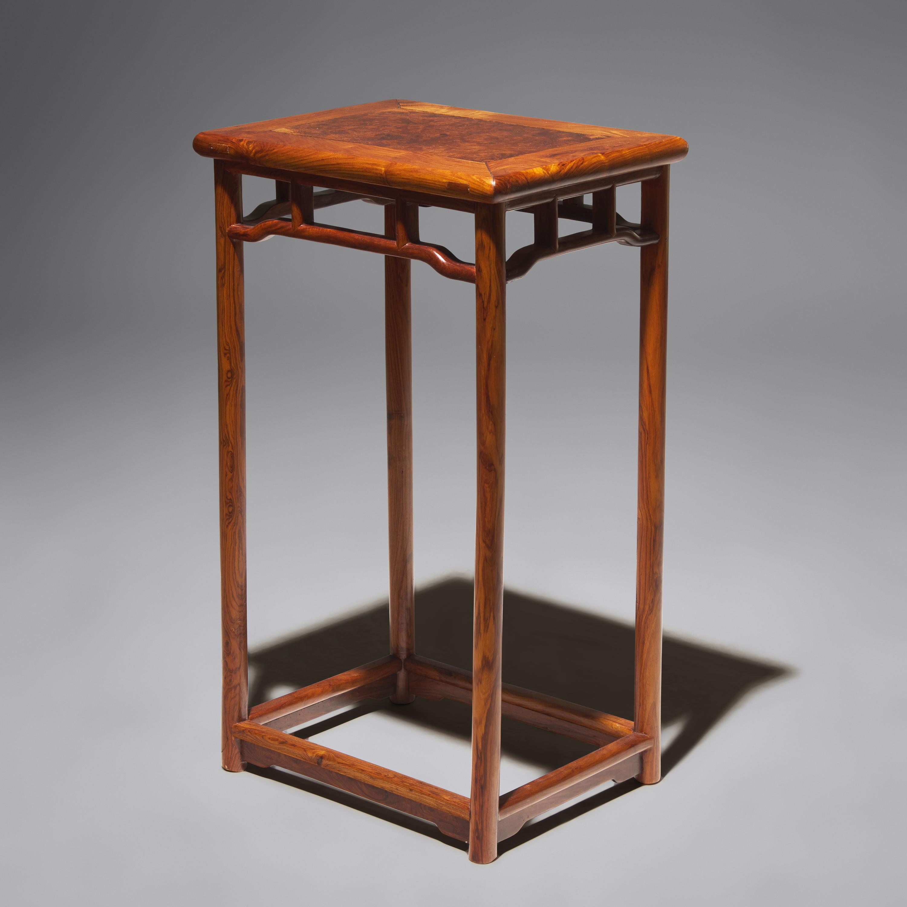 A Chinese Hardwood, Probably Huanghuali, and Burlwood Incense Stand, Xiangji , 20th Century 二十世紀 或黃花梨嵌癭木香几