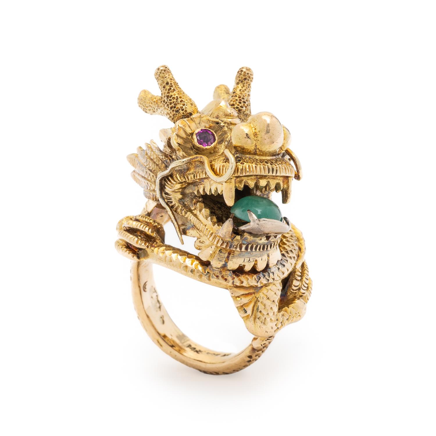 YELLOW GOLD, EMERALD, AND RUBY DRAGON RING