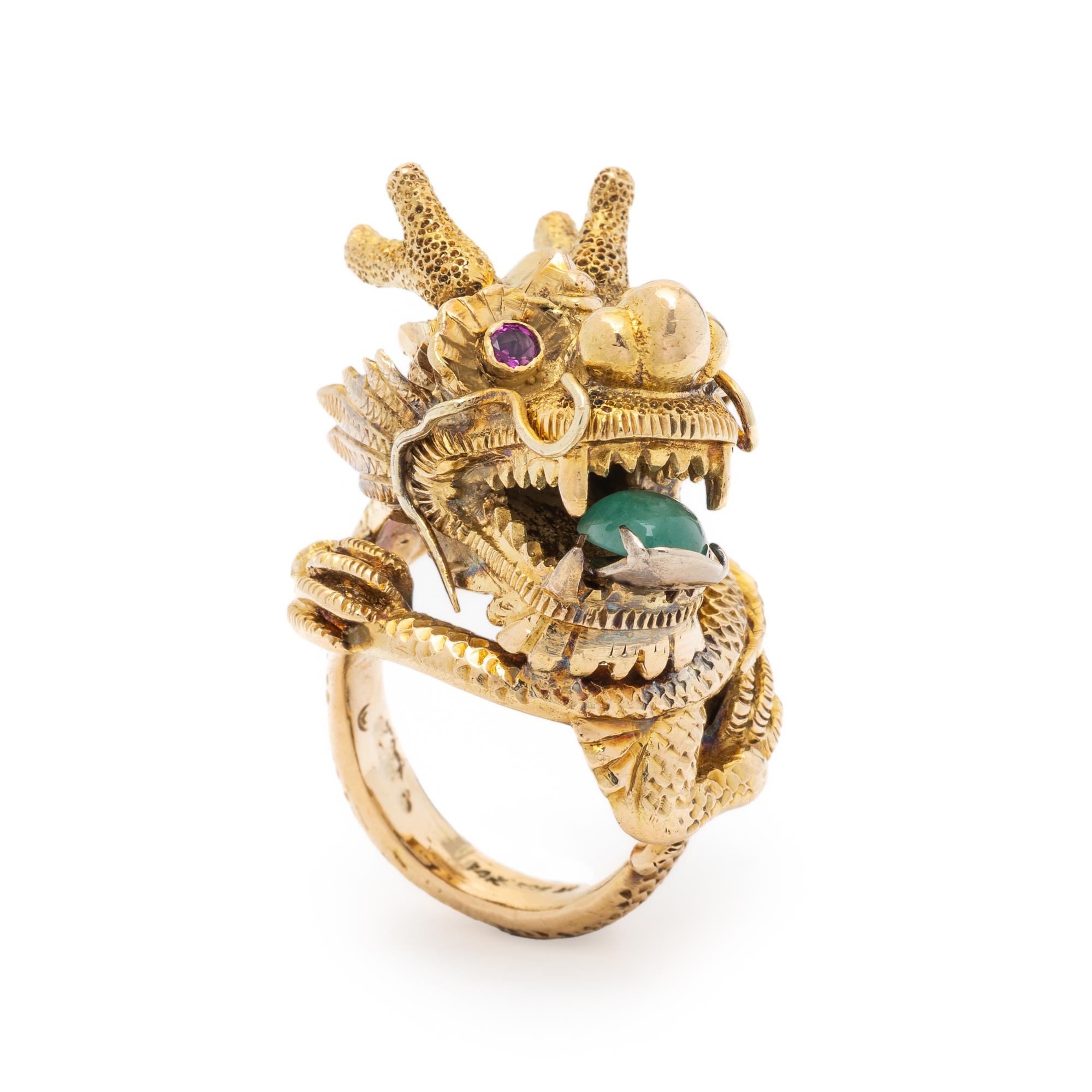 YELLOW GOLD, EMERALD, AND RUBY DRAGON RING