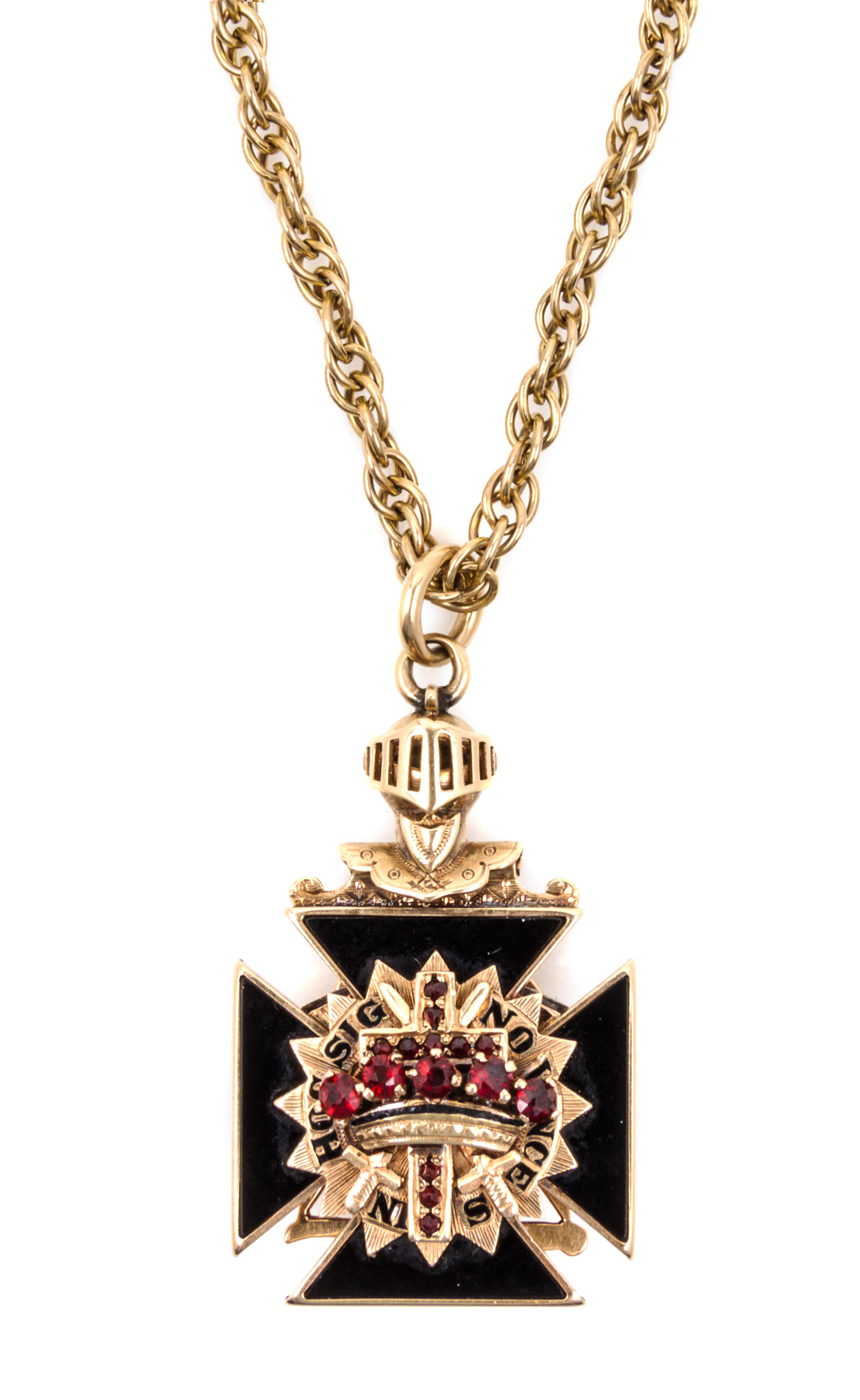 A Yellow Gold, Diamond, Garnet and Polychrome Enamel 32nd Degree Masonic Knights Templar Pendant 16.90 dwts.