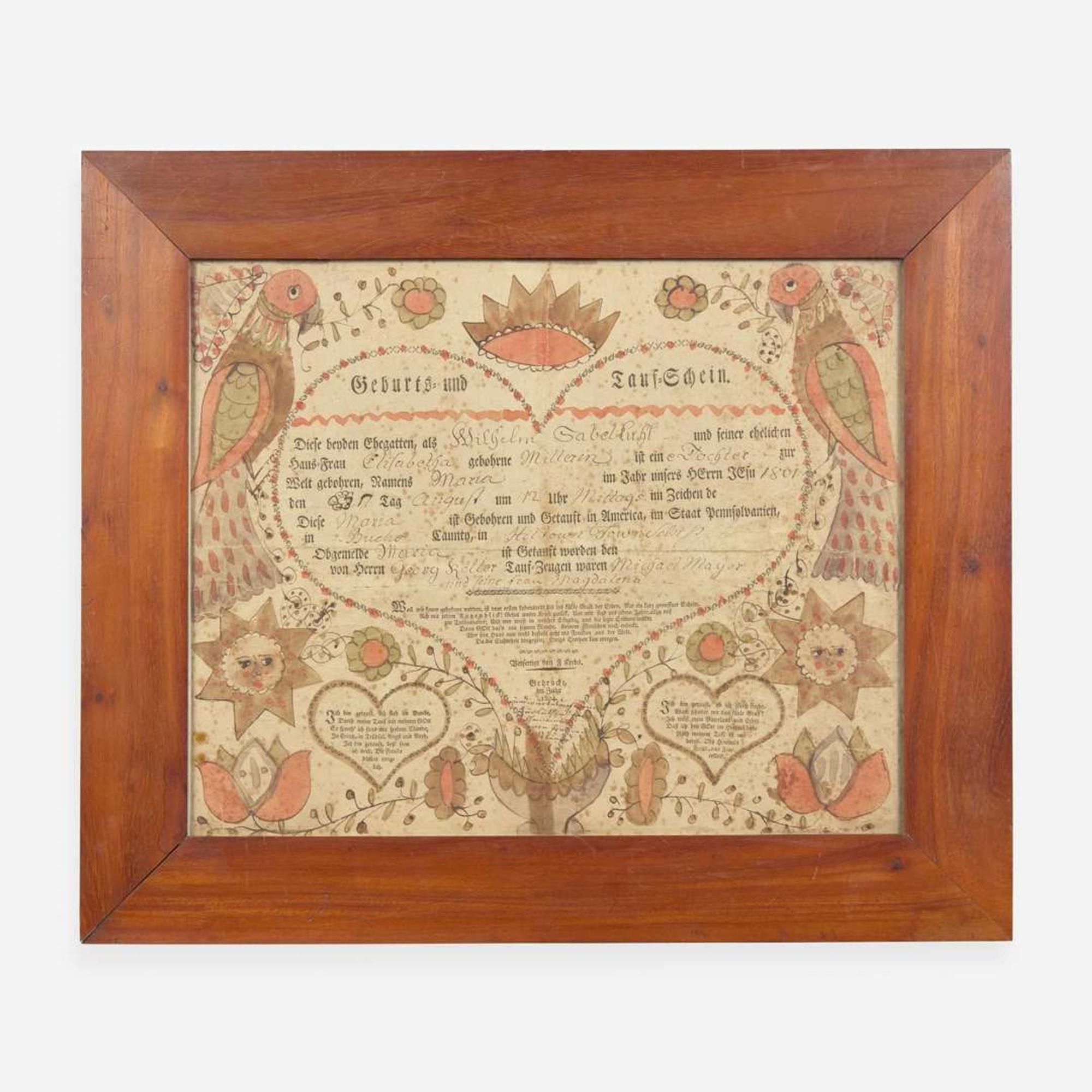 Johann Jacob Friedrich Krebs (c. 1749-1815); A printed and hand-colored Fraktur birth record, dated "1801"