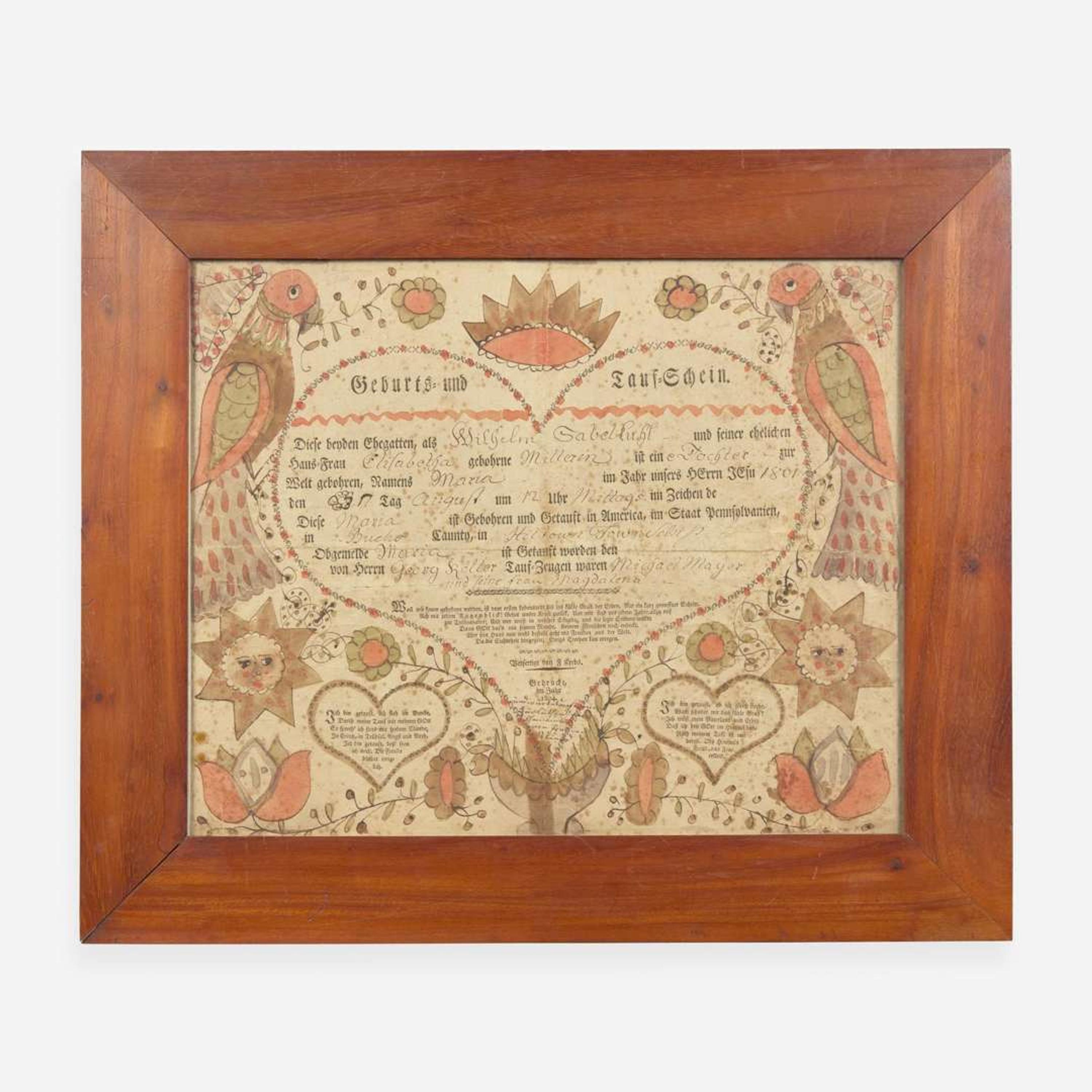 Johann Jacob Friedrich Krebs (c. 1749-1815); A printed and hand-colored Fraktur birth record, dated "1801"
