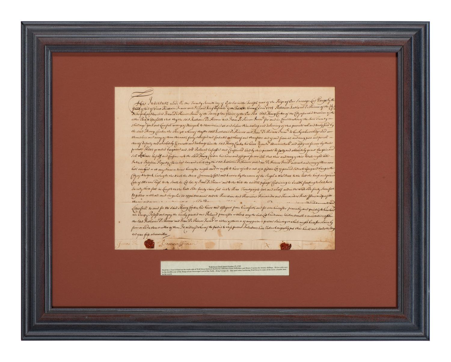 [NEW YORK]. Colonial-era manuscript indentures for property near Wall Street, 1694-1743.