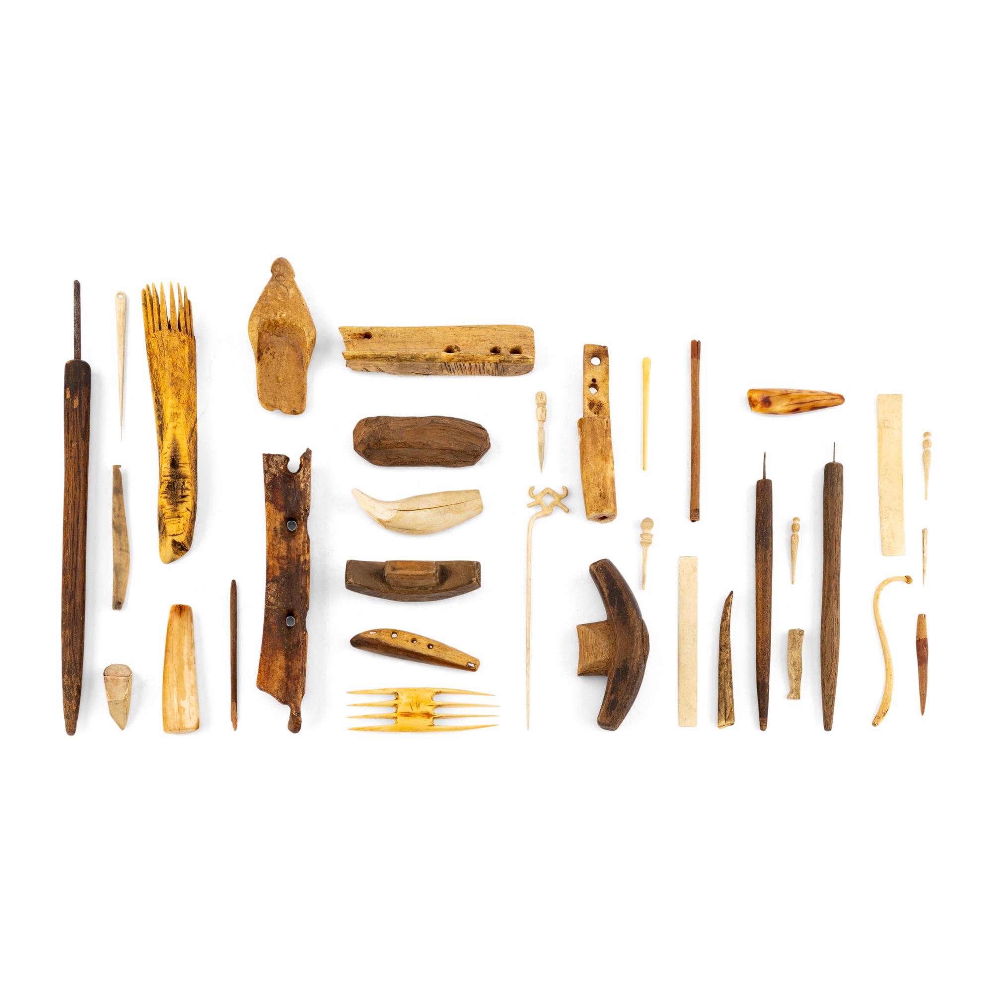 Alaskan Native Bow Drills, Sled Runners, and Assorted Tools and Game Pieces