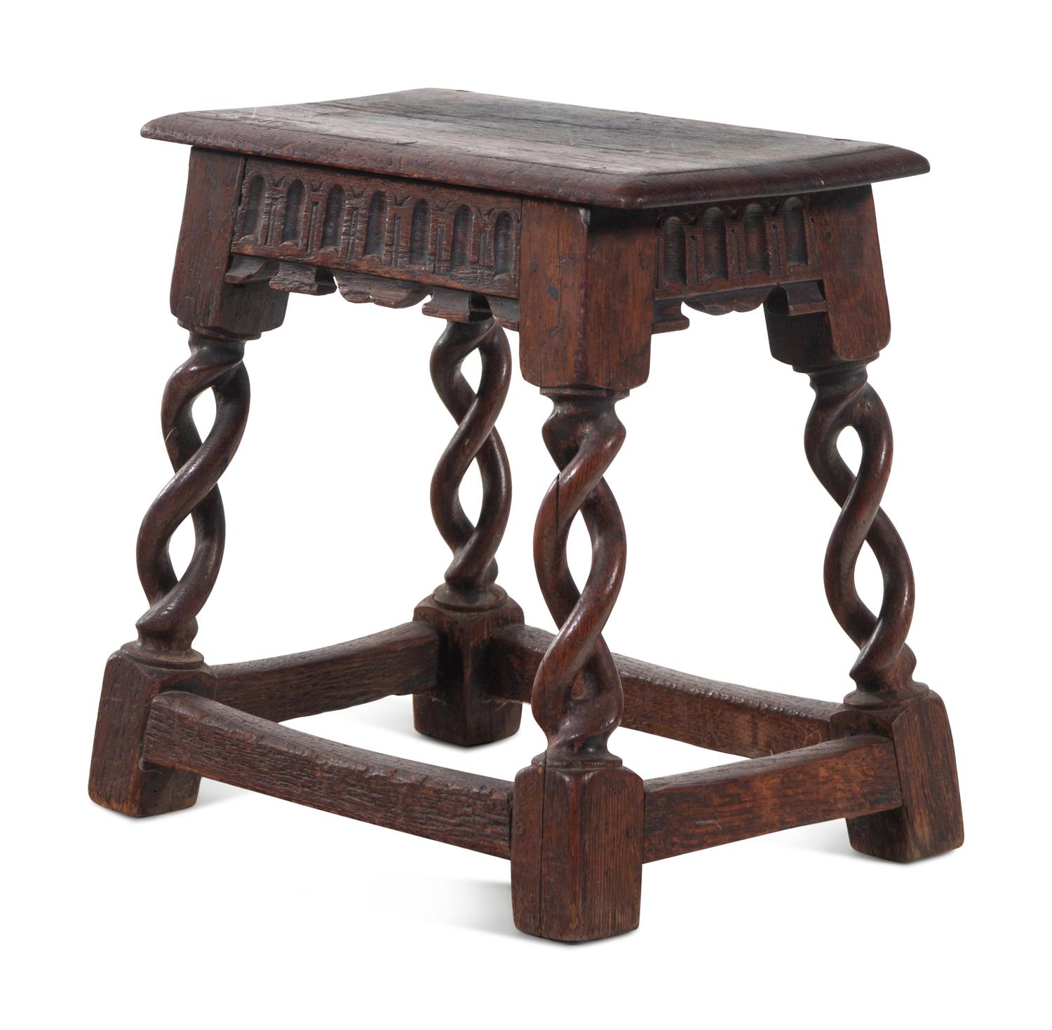 A William and Mary Pierced Spiral Twist Carved Oak Stool