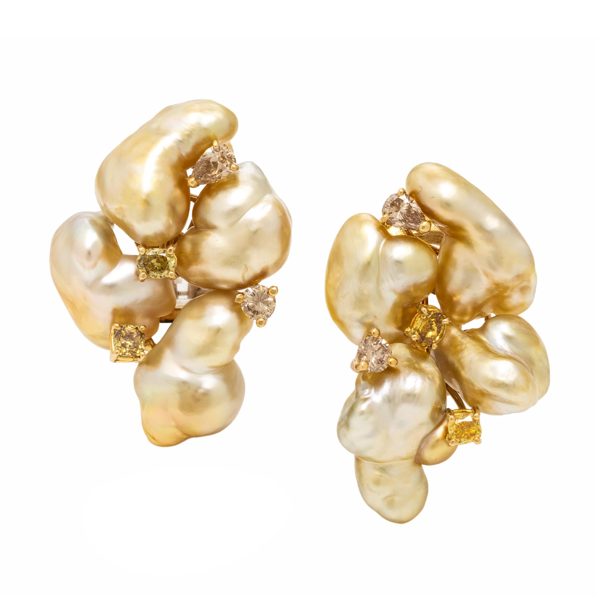 Yvel, Baroque Cultured Pearl, Colored Diamond, and Yellow Gold Earrings
