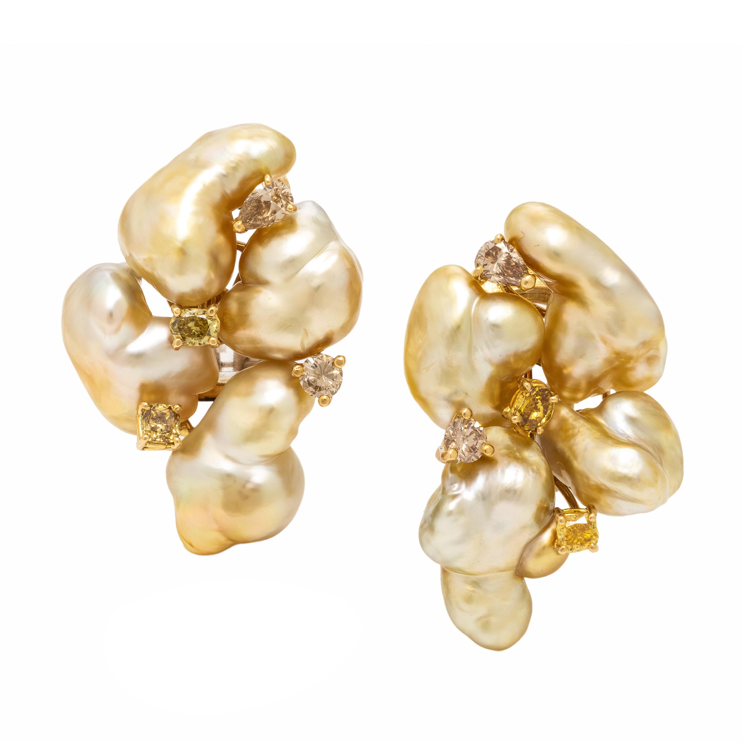 Yvel, Baroque Cultured Pearl, Colored Diamond, and Yellow Gold Earrings
