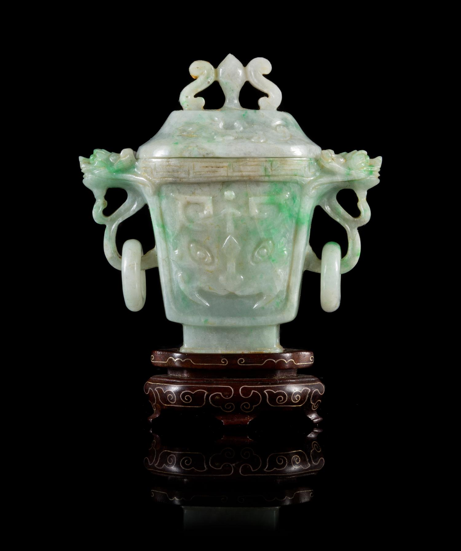 An Apple Green and Celadon Jadeite Covered Vase Height 3 inches.