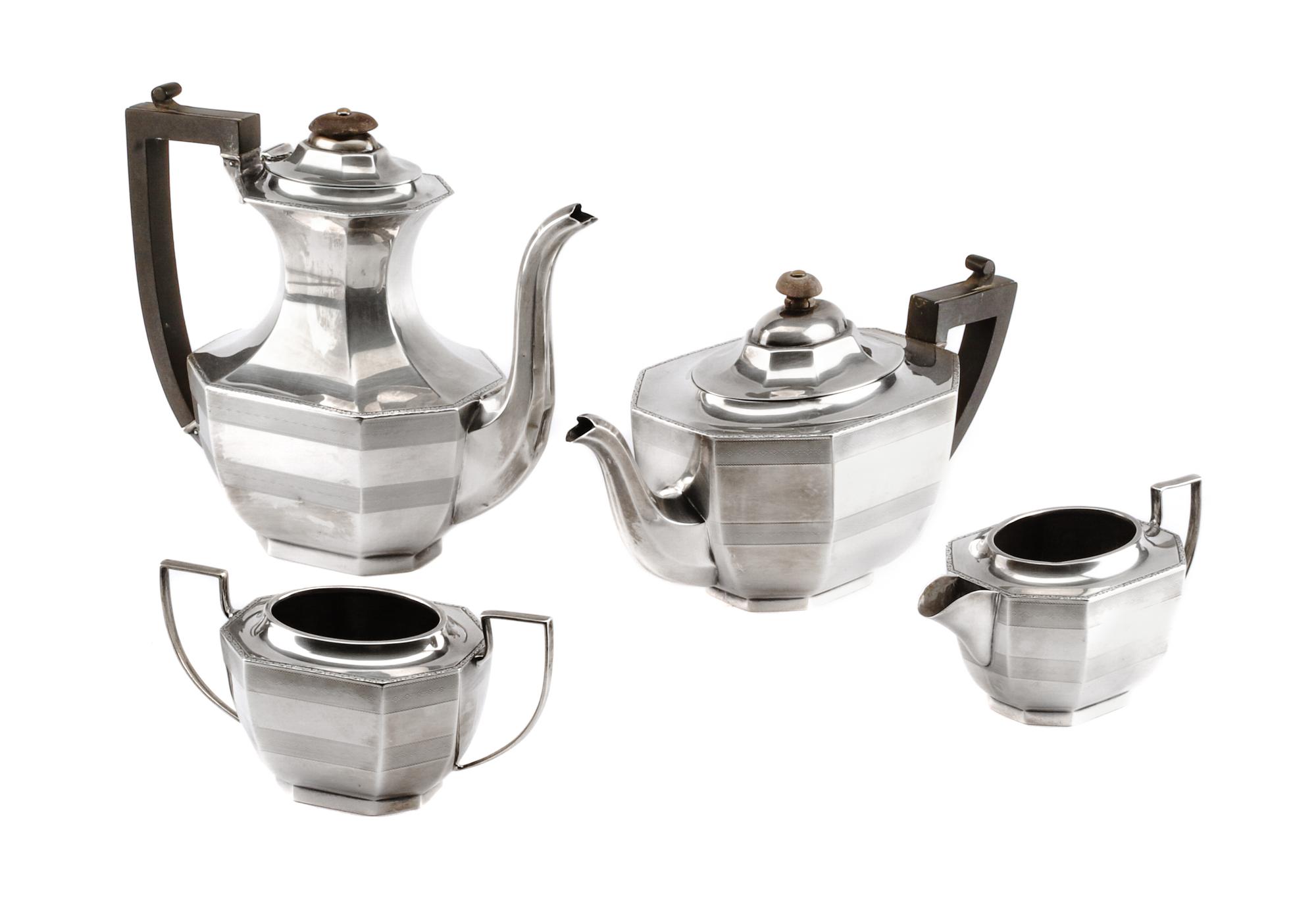 An English Silver Four-Piece Tea and Coffee Service, Charles S. Green & Co., Birmingham, 1924-30, comprising a teapot, coffee pot, crea