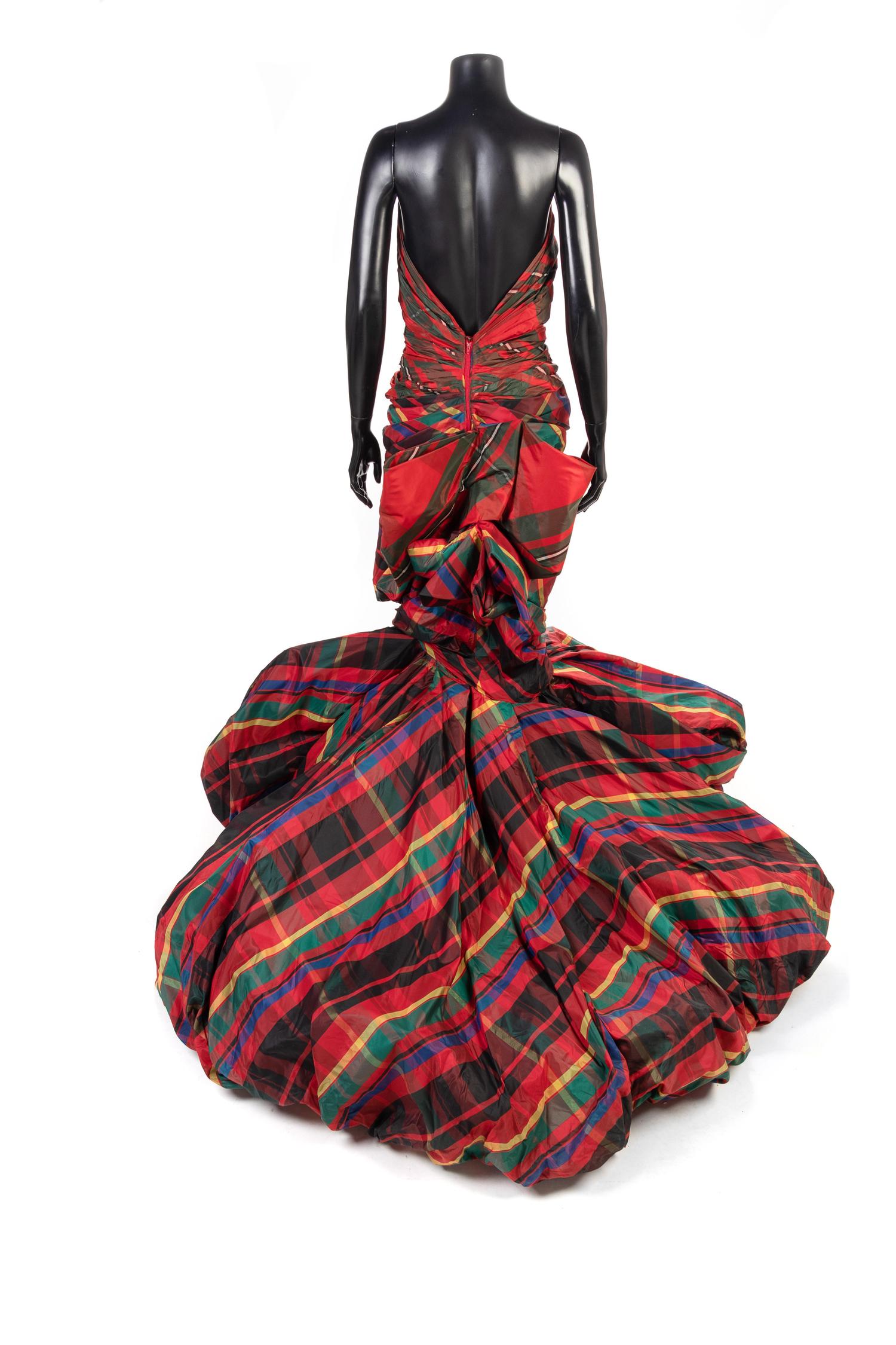 Red Plaid Strapless Haute Couture Evening Dress, 1980-90s