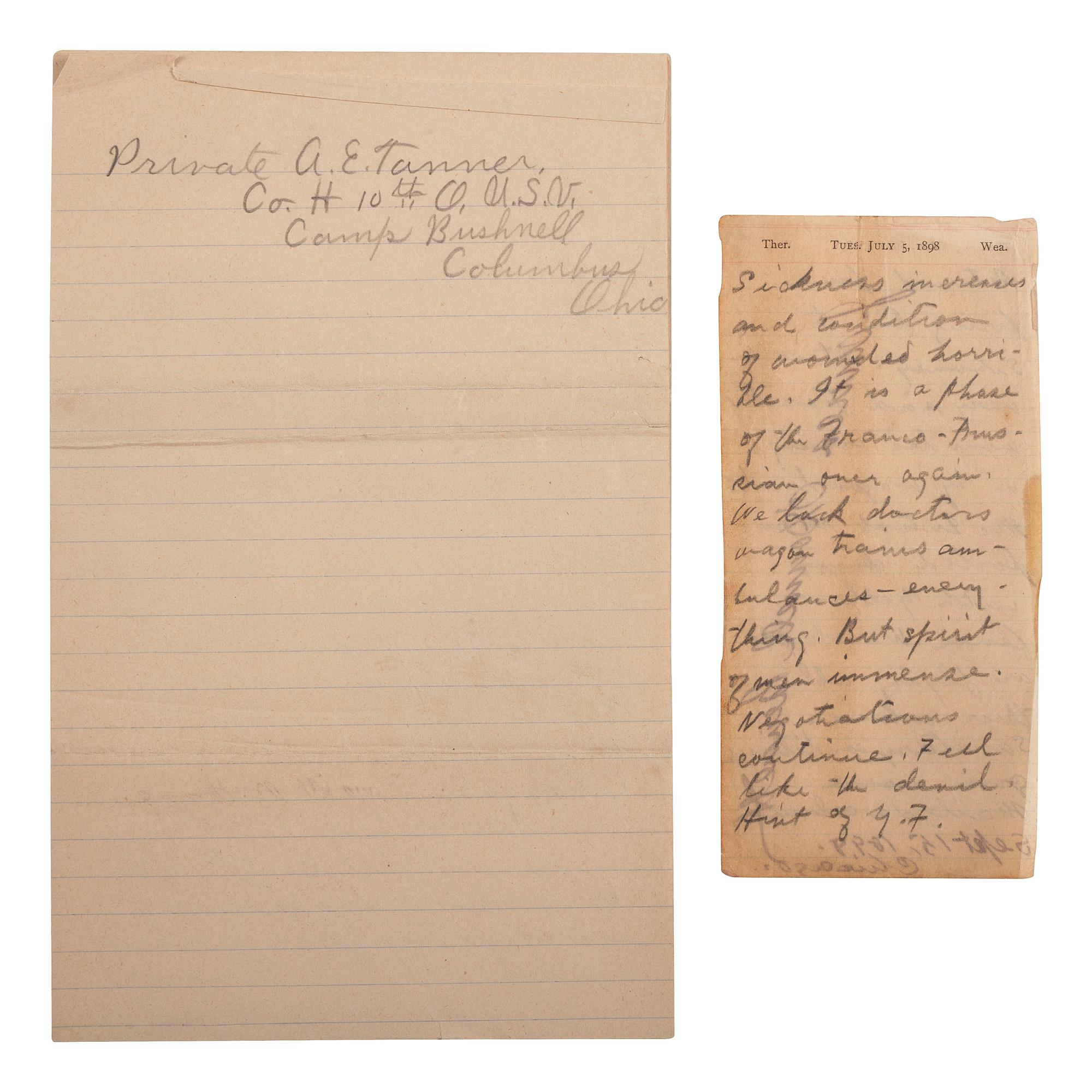 [SPANISH-AMERICAN WAR]. Diary pages describing Yellow Fever in Cuba. 4 & 5 July 1898. [ With :] Explicit letter describing camp life. Camp Bushnell, OH, 28 July 1898.