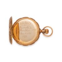 ELGIN, 14K YELLOW GOLD AND ENAMEL HUNTER CASE POCKET WATCH