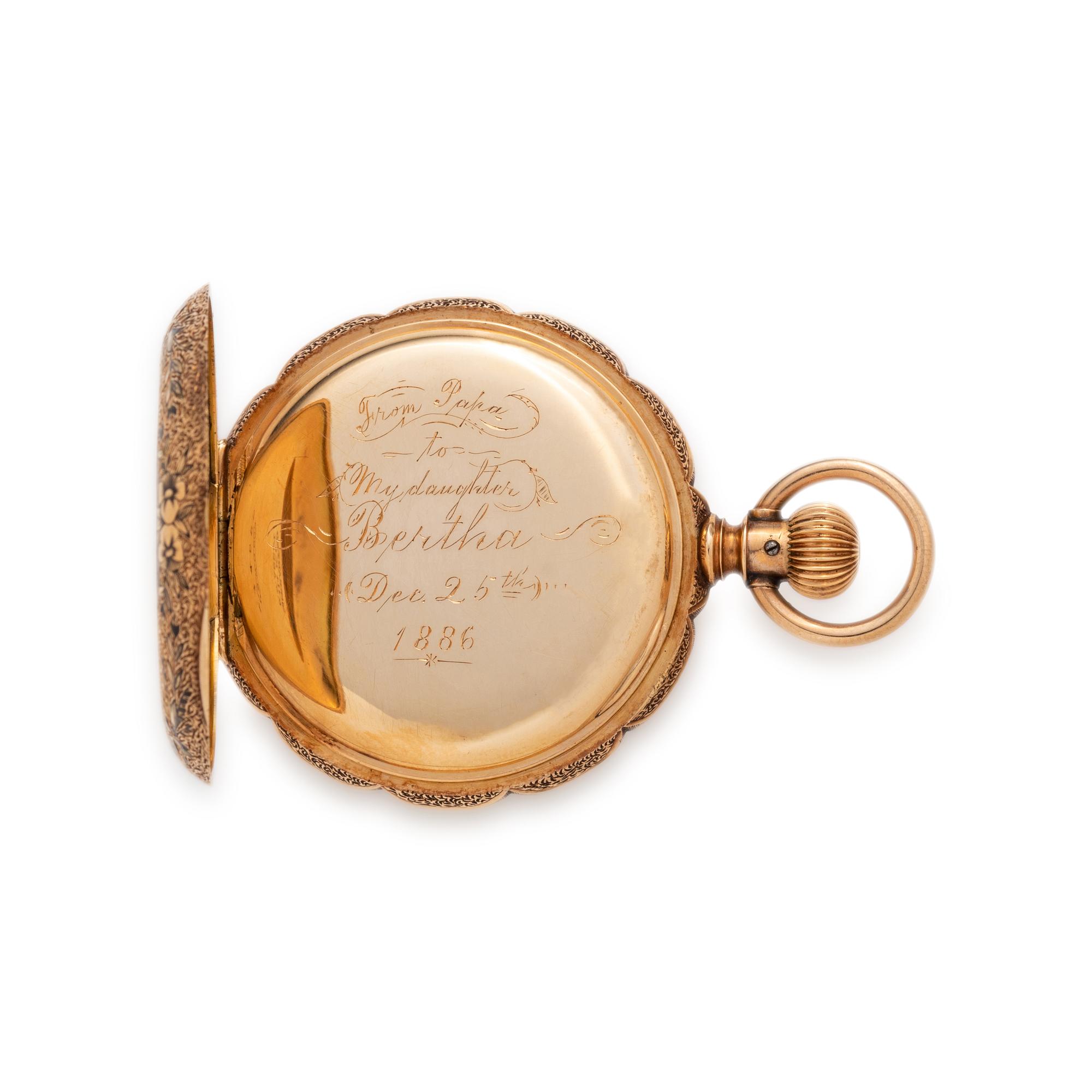 ELGIN, 14K YELLOW GOLD AND ENAMEL HUNTER CASE POCKET WATCH