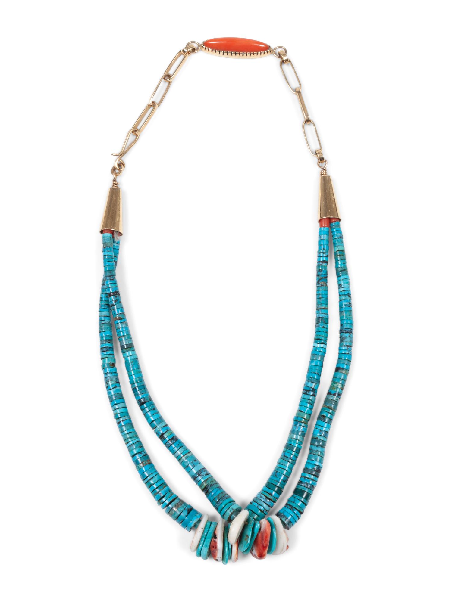 Turquoise, Spiny Oyster, Coral, and 18k Gold Necklace