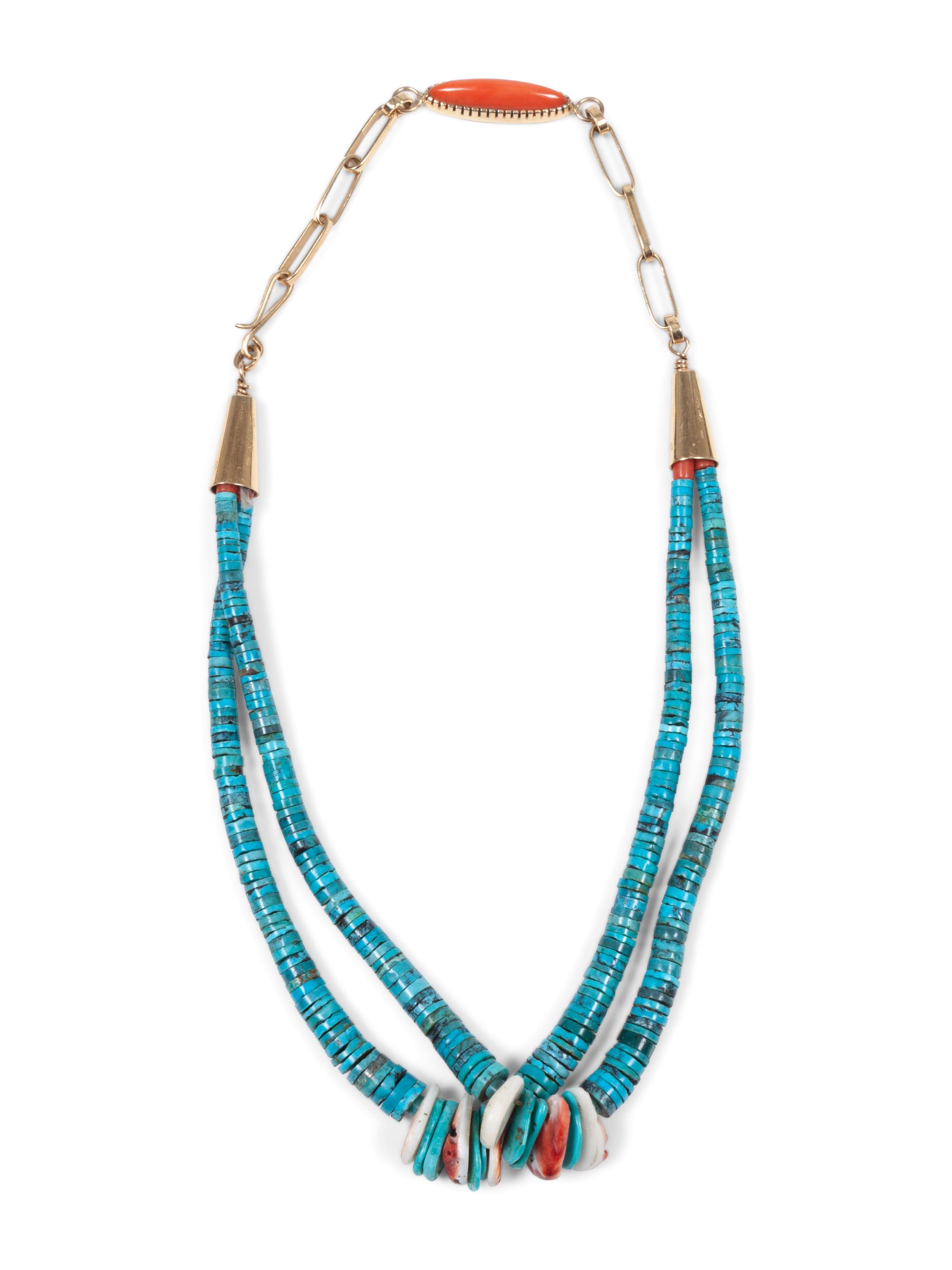 Turquoise, Spiny Oyster, Coral, and 18k Gold Necklace