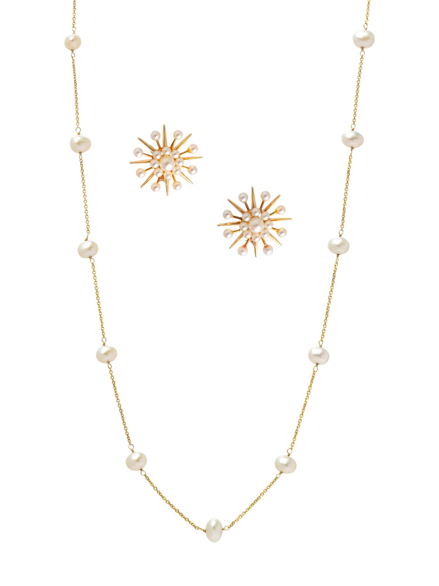 A Collection of 14 Karat Yellow Gold and Cultured Pearl Jewelry,
