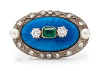A White Gold, Diamond, Emerald, Cultured Pearl and Guilloche Enamel Pendant/Brooch, Pendant/Brooch, 5.20 dwts.