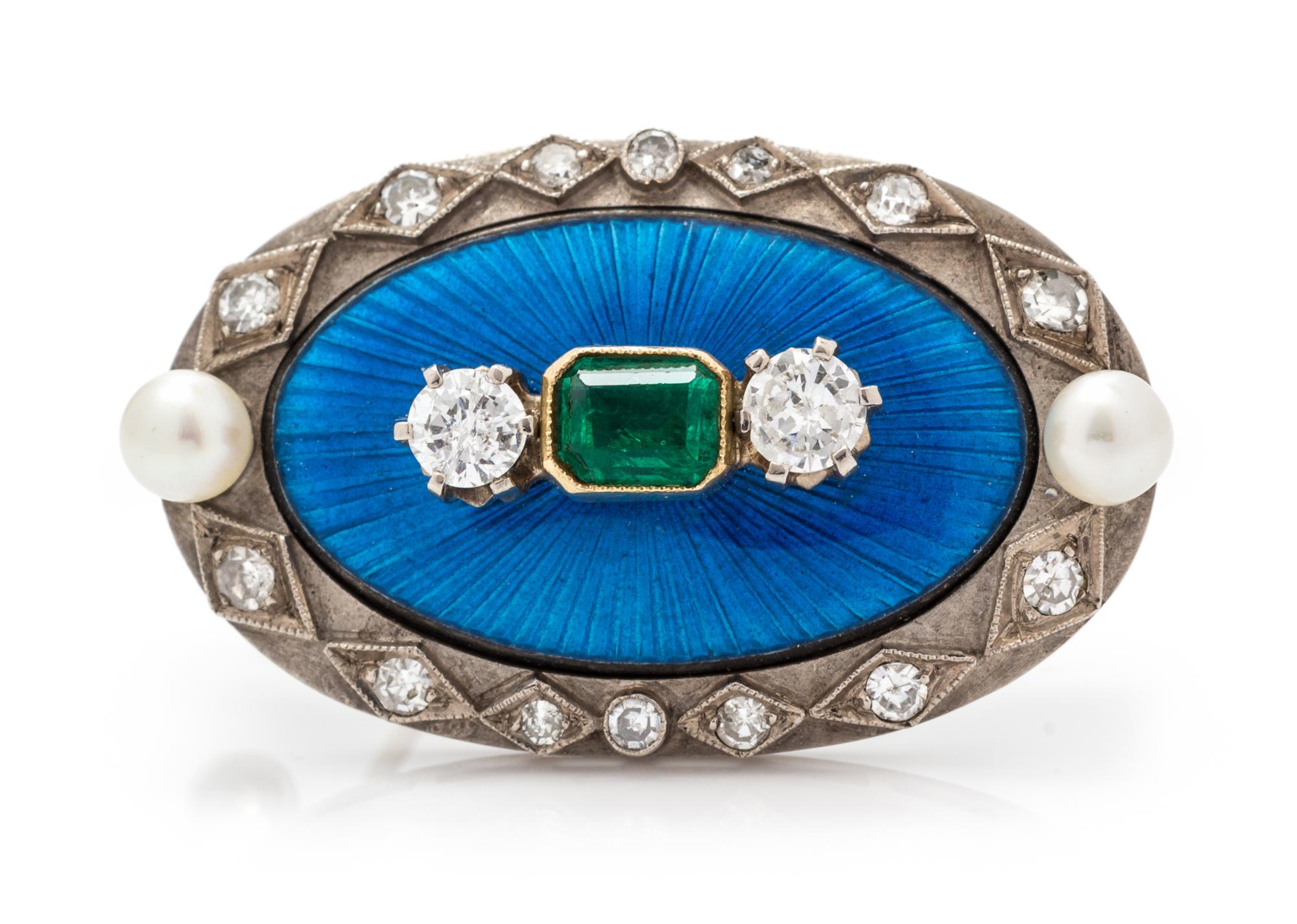 A White Gold, Diamond, Emerald, Cultured Pearl and Guilloche Enamel Pendant/Brooch, Pendant/Brooch, 5.20 dwts.