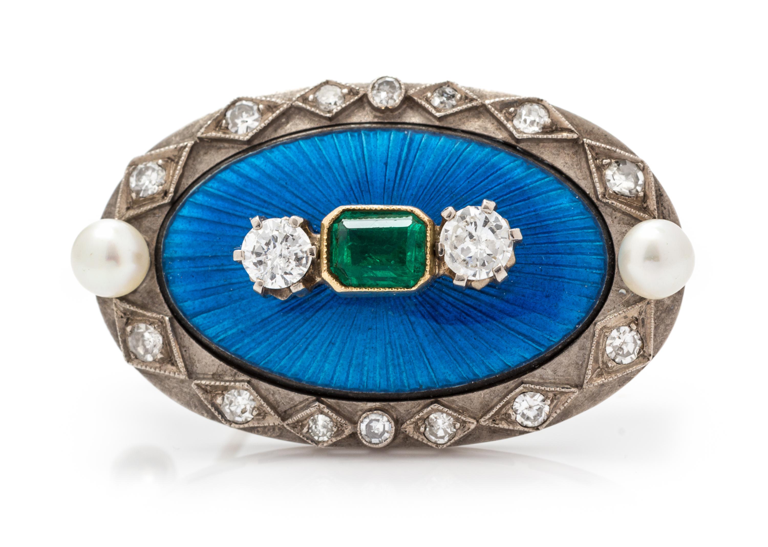 A White Gold, Diamond, Emerald, Cultured Pearl and Guilloche Enamel Pendant/Brooch, Pendant/Brooch, 5.20 dwts.