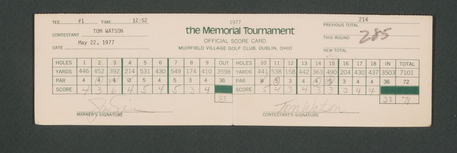 A 1977 Memorial Tournament Scorecard Display Featuring Tournament Used Scorecards Dual Signed by Jack Nicklaus and Tom Watson