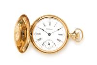 A 14 Karat Yellow Gold Hunter Case Pocket Watch, Waltham, Circa 1899, 20.00 dwts.