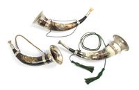 A Collection of Three Silvered Metal Mounted Hunting Horns, Length of longest 14 1/2 inches.