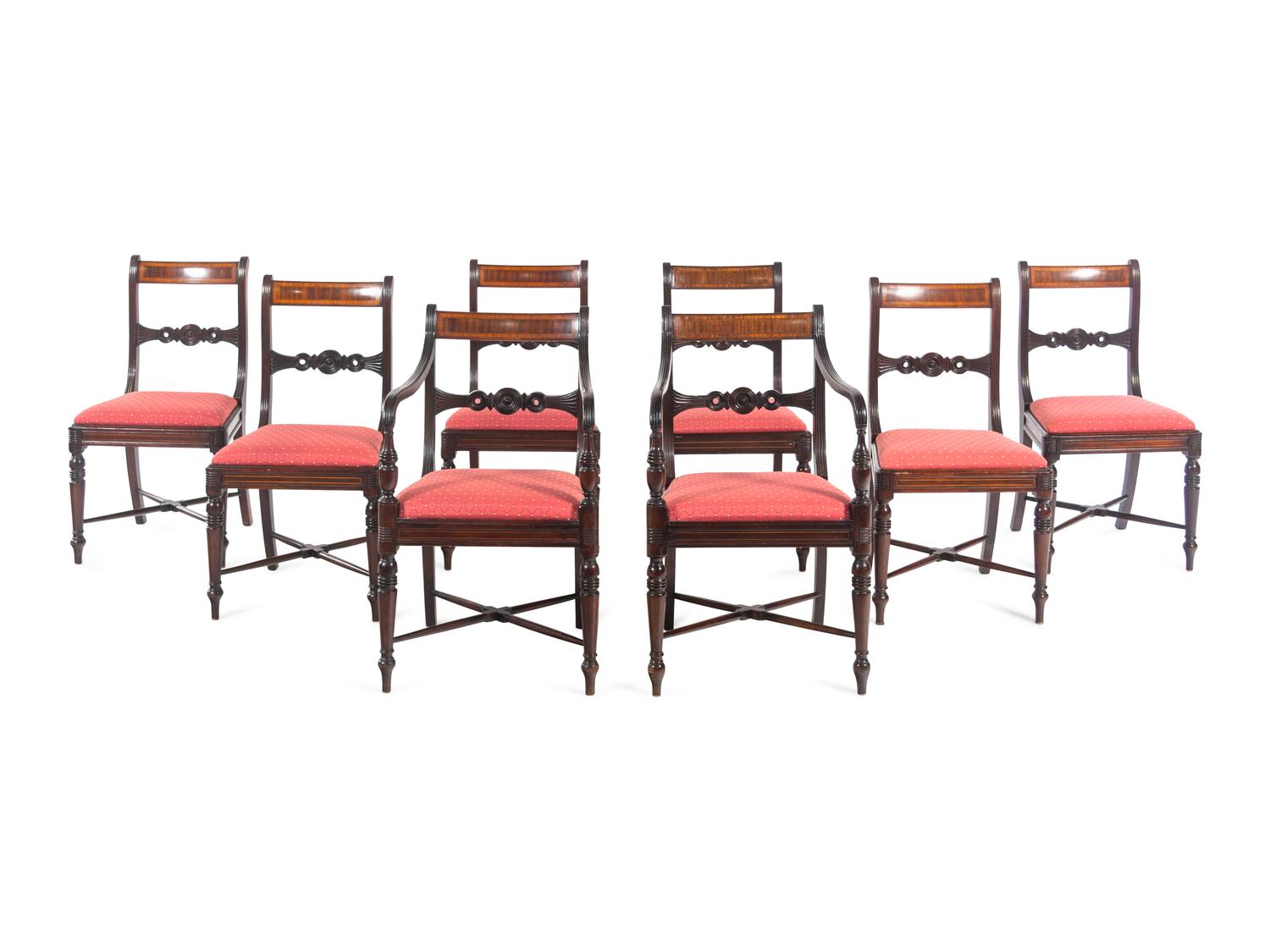 A Set of Eight Regency Style Mahogany and Satinwood Dining Chairs