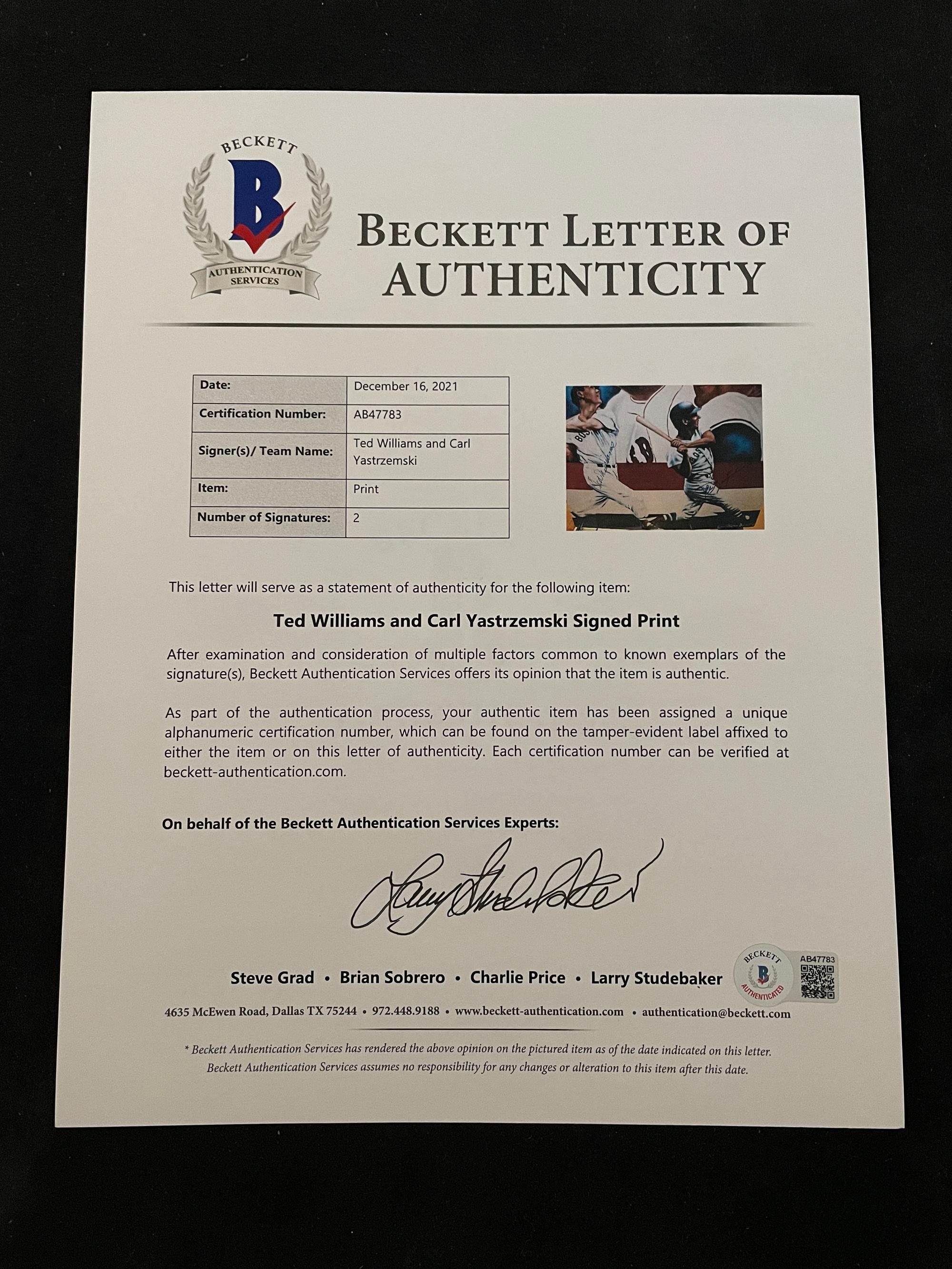 A Ted Williams and Carl Yastrzemski Signed Autograph Poster (Beckett Authentication Services Letter BAS Certified),