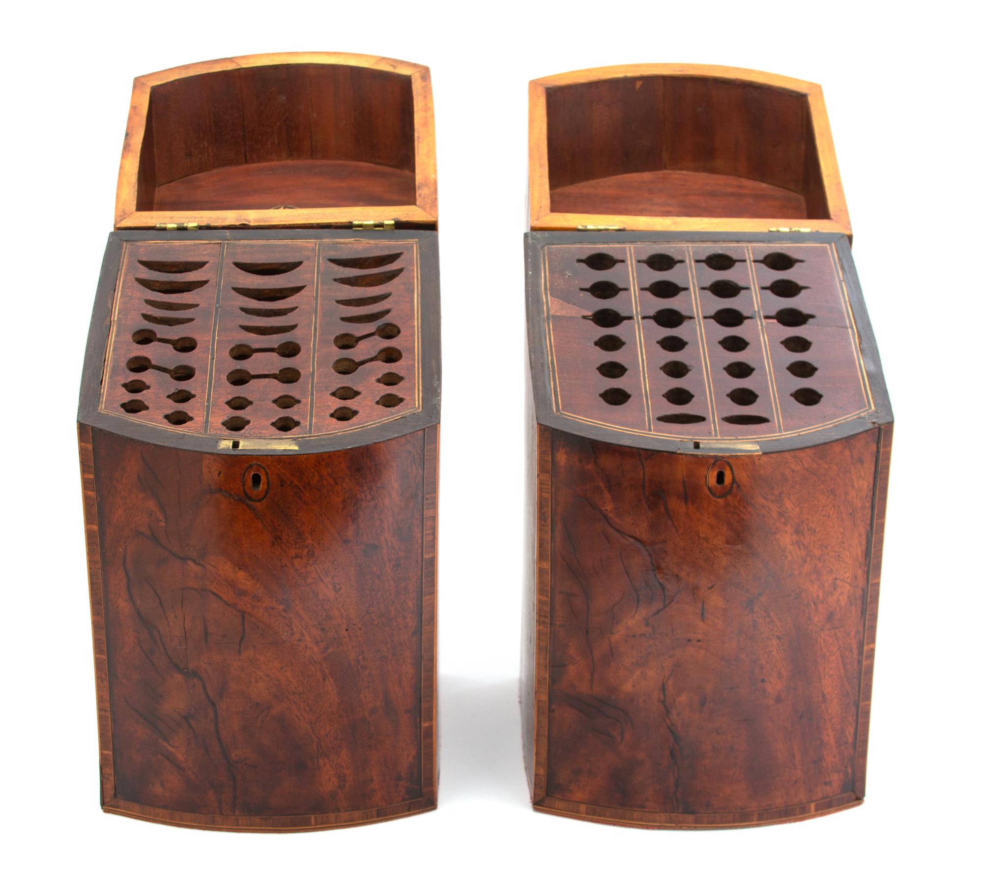 A Pair of Regency Inlaid Burl Walnut Knife Boxes Height 15 1/8 inches. — 19TH CENTURY