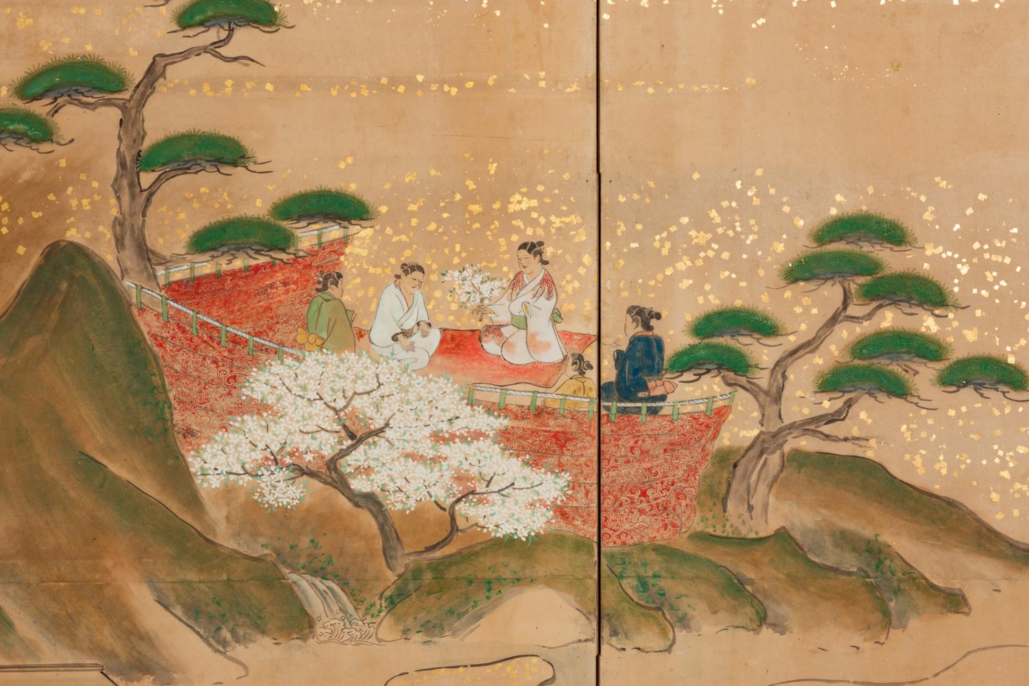A Japanese Painted Paper Six-Panel Floor Screen