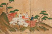 A Japanese Painted Paper Six-Panel Floor Screen