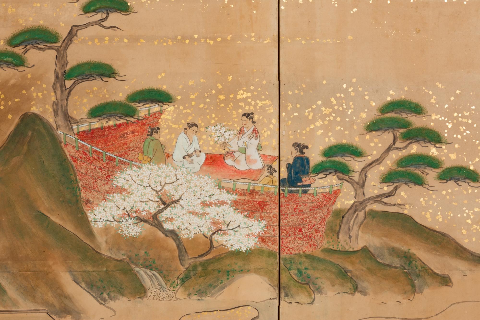 A Japanese Painted Paper Six-Panel Floor Screen