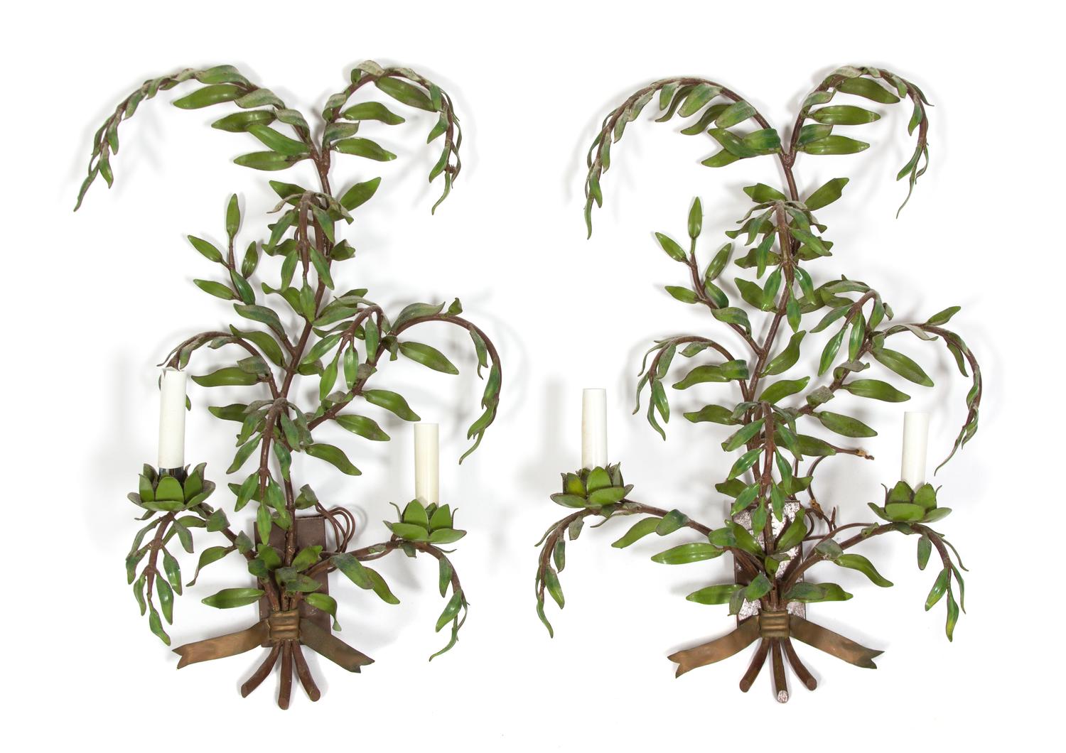 A Pair of Painted Tole Palm-Form Two-Light Wall Sconces Height 22 inches. — 20TH CENTURY