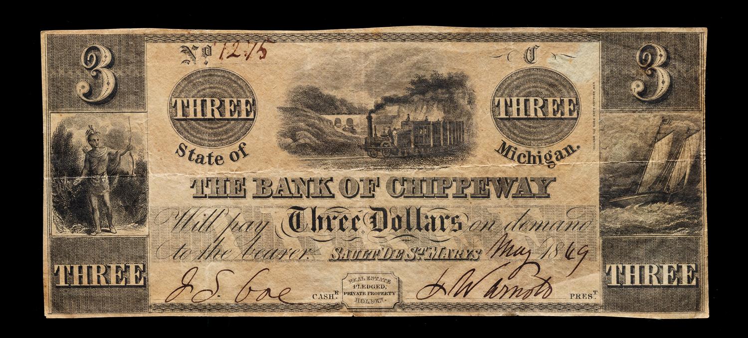Obsolete $3 Bank Note: The Bank of Chippeway — SAULT DE ST. MARYS, MICHIGAN, 1849