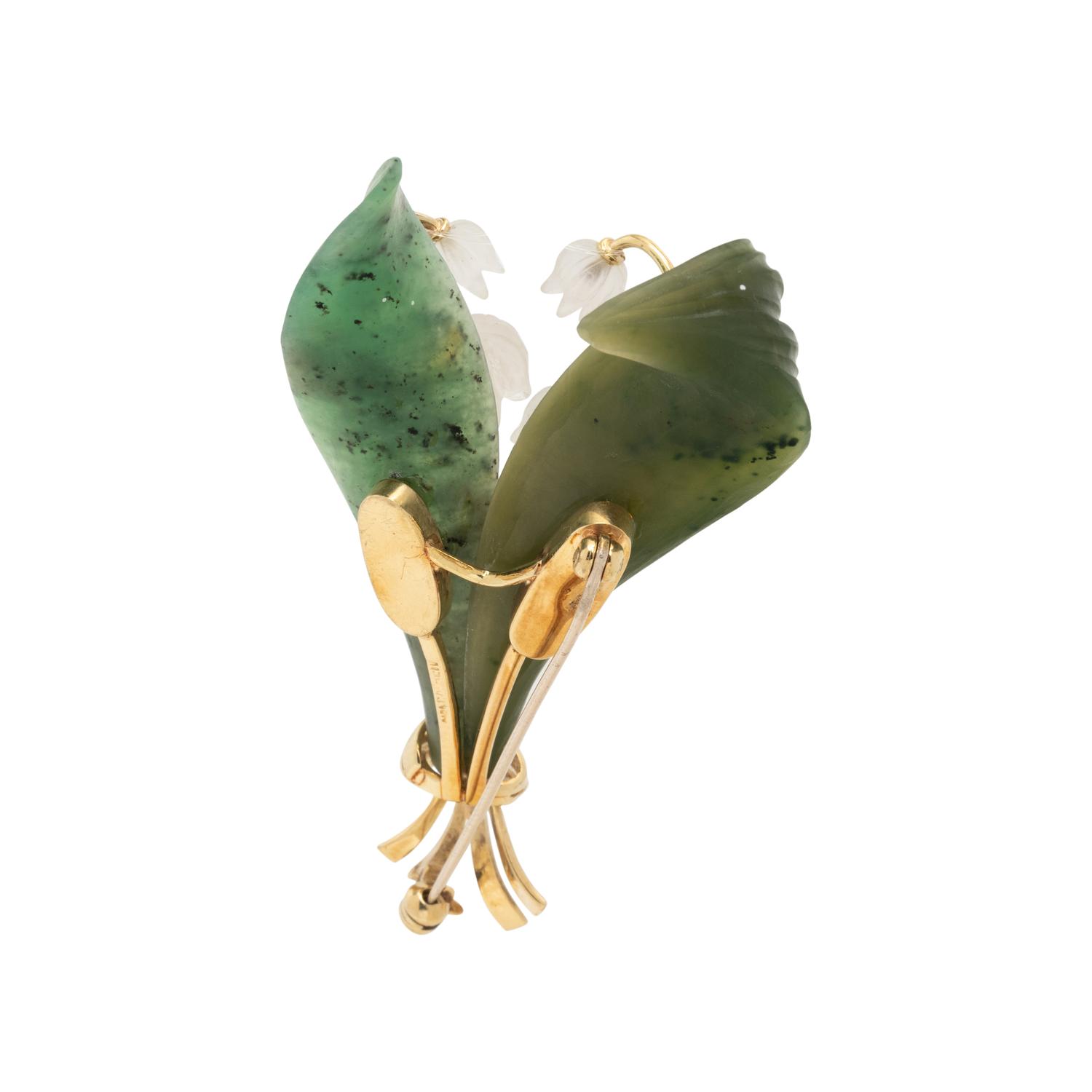 NEPHRITE AND ROCK CRYSTAL LILY OF THE VALLEY BROOCH