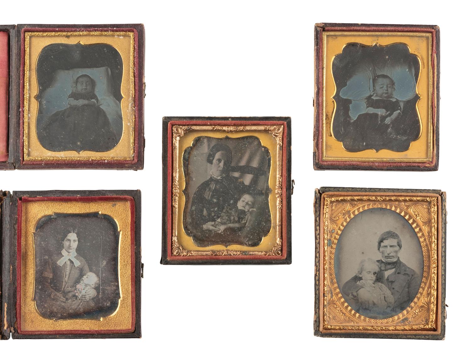 [EARLY PHOTOGRAPHY] 5 likely postmortem images of children, some with parents, incl. daguerreotypes
