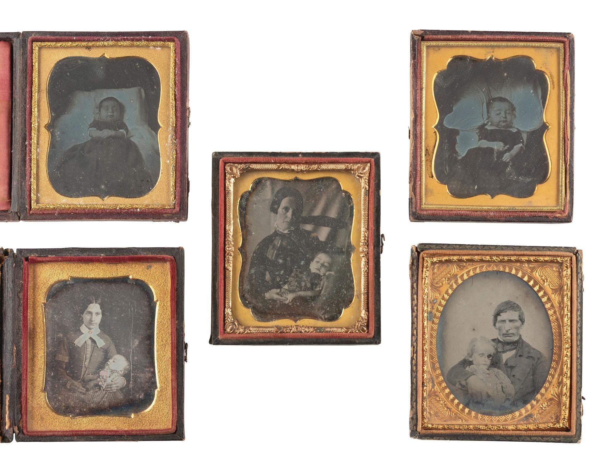 [EARLY PHOTOGRAPHY] 5 likely postmortem images of children, some with parents, incl. daguerreotypes